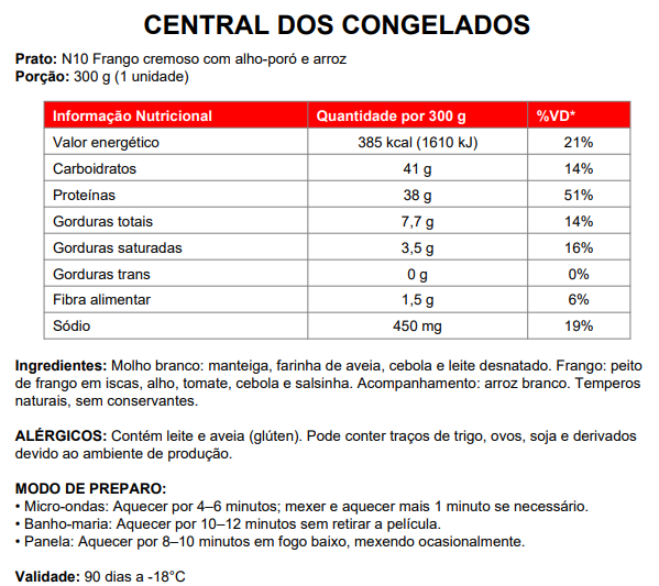 10 - FRANGO CREMOSO DE ALHO PORÓ COM ARROZ 300G