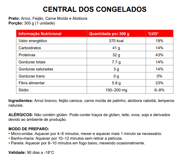 1 -CARNE MOÍDA ARROZ FEIJÃO E PURÊ ABÓBORA 300G
