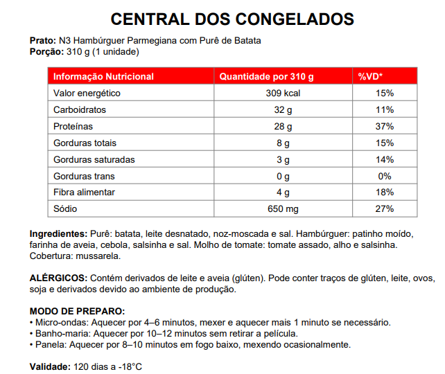 3 - HAMBURGER PARMEGIANA COM PURÊ DE BATATA 300G