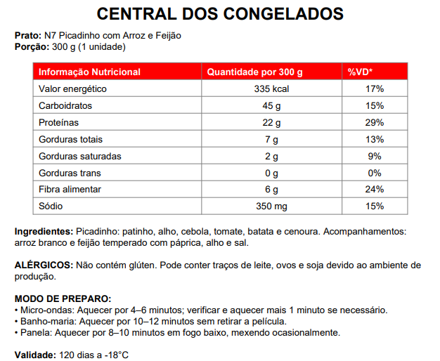 7 - PICADINHO DE CARNE ARROZ FEIJÃO E LEGUMES 300G