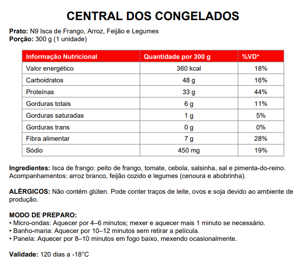 9 - ISCA DE FRANGO LEGUMES FEIJÃO ARROZ 300G